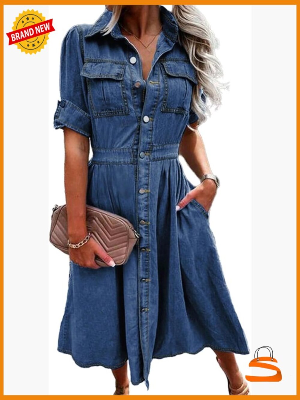 V Neck Short Sleeve Denim Shirt Dress A-Line Midi with Pockets - Picture 1 of 7